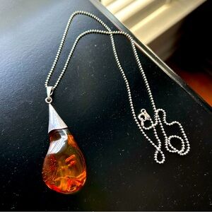 Baltic Amber Large Sterling Silver Pendant with Chain